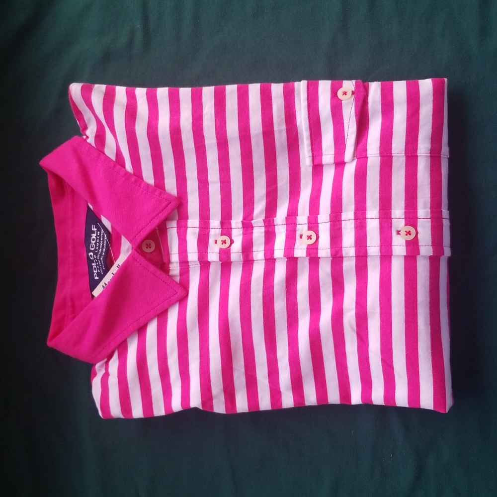 NWT RALPH LAUREN POLO GOLF Pink&White Stripes Poloshirt 100% Light Cotton Men L